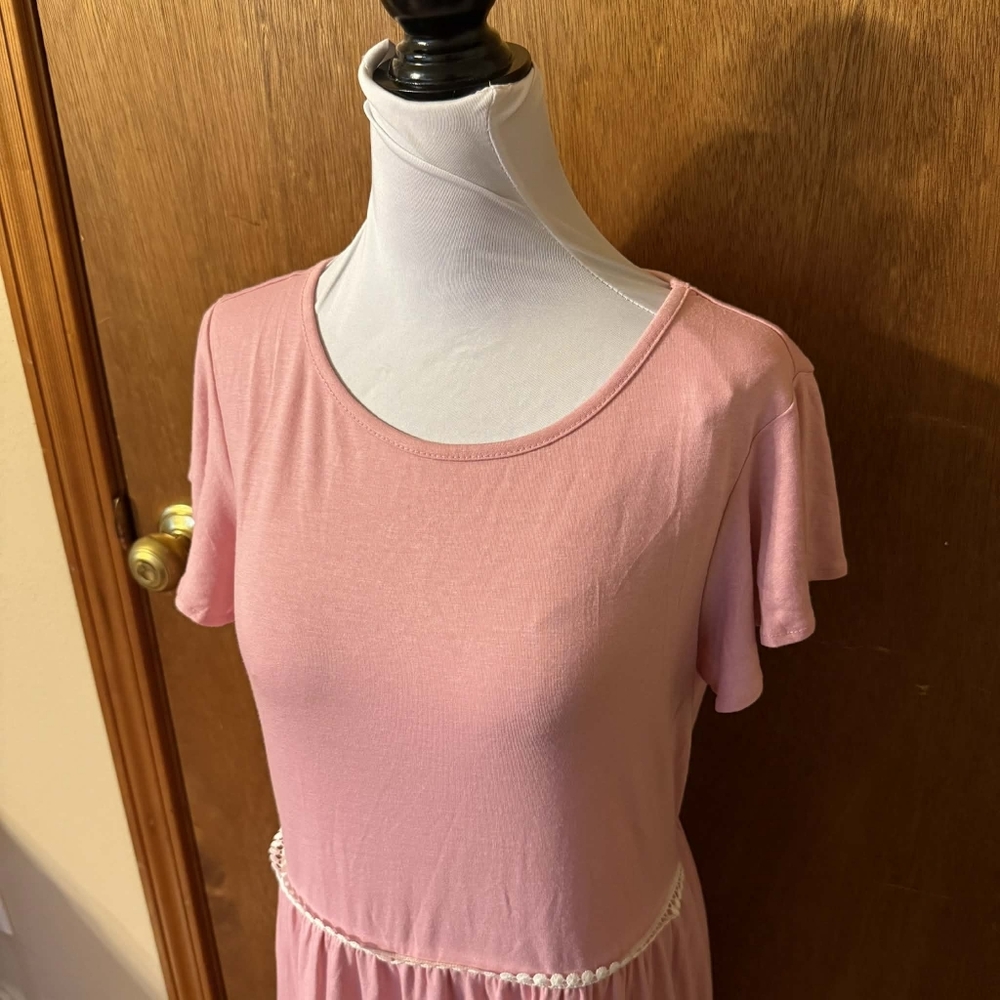 NWT Merokeety Pink Flutter Sleeve Crochet Crew Flowy Tiered Shirt Dress Maxi M - Picture 4 of 11